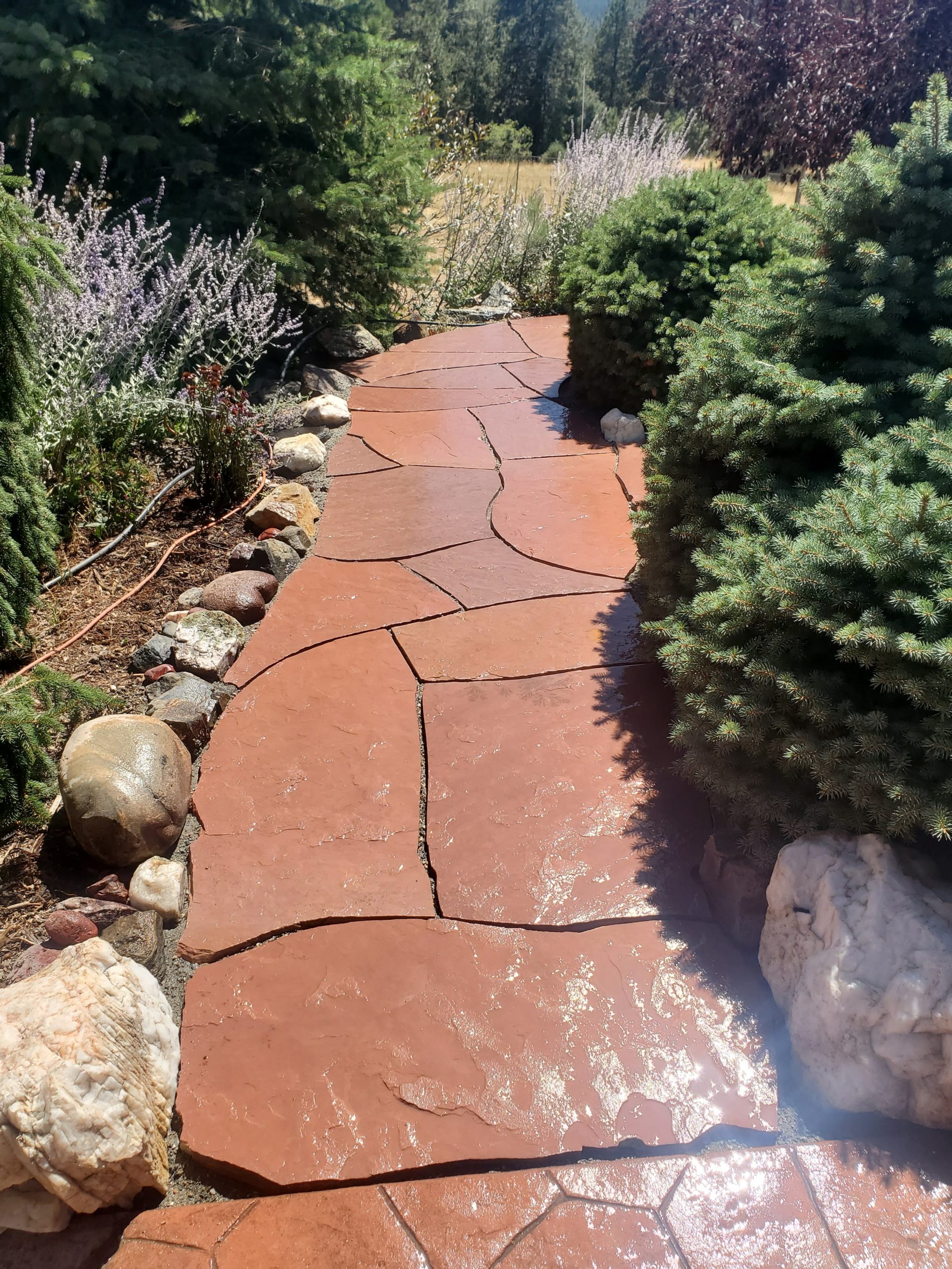 Winding path made of red rock through garden