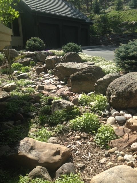 Landscaped stones and bushes surrounding a small streambed, next to a driveway