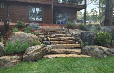 Small stone staircase from walk-out basement to backyard with grass