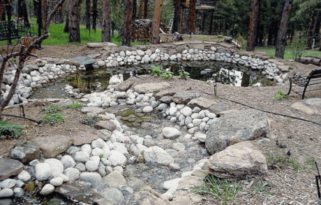 Large water feature comprised of river rock, leading to pond and nearby bench